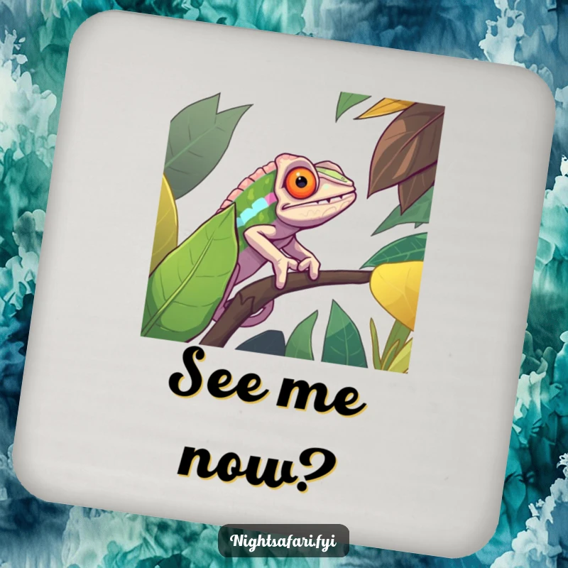 Funny drink coaster illustrating a determined chameleon expertly camouflaged on a vibrant jungle leaf, providing surface protection with humor.