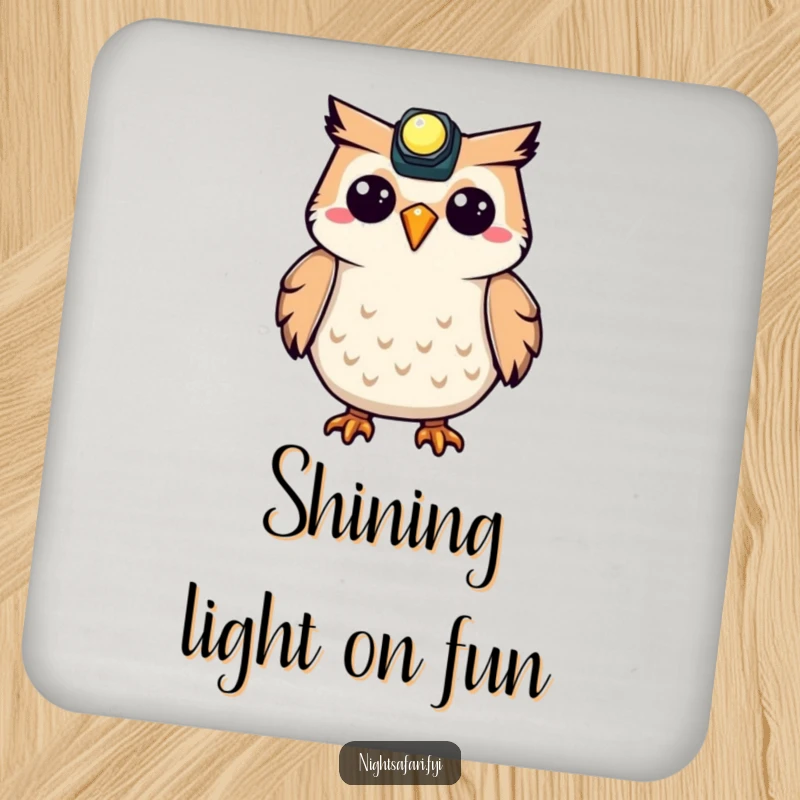 Funny Owl Headlamp Coaster featuring a delightful owl with a glowing headlamp, protecting furniture with humor.