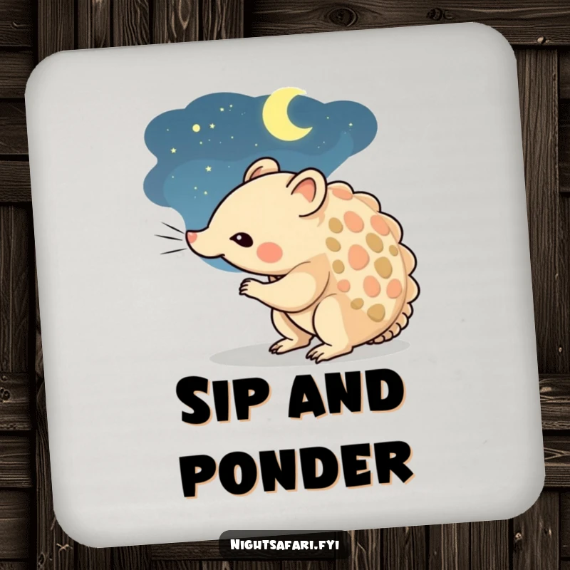 Funny coasters featuring a curious pangolin character sniffing the dark night air.