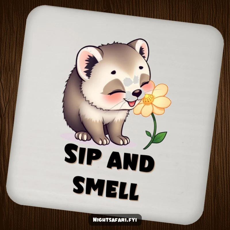 Funny drink coaster showing a happy civet cat joyfully sniffing a glowing flower, offering serene surface protection.