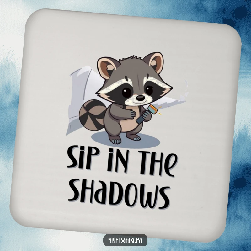 Funny Raccoon Coaster: A curious raccoon with a flashlight exploring a dark surface, adding funny charm.