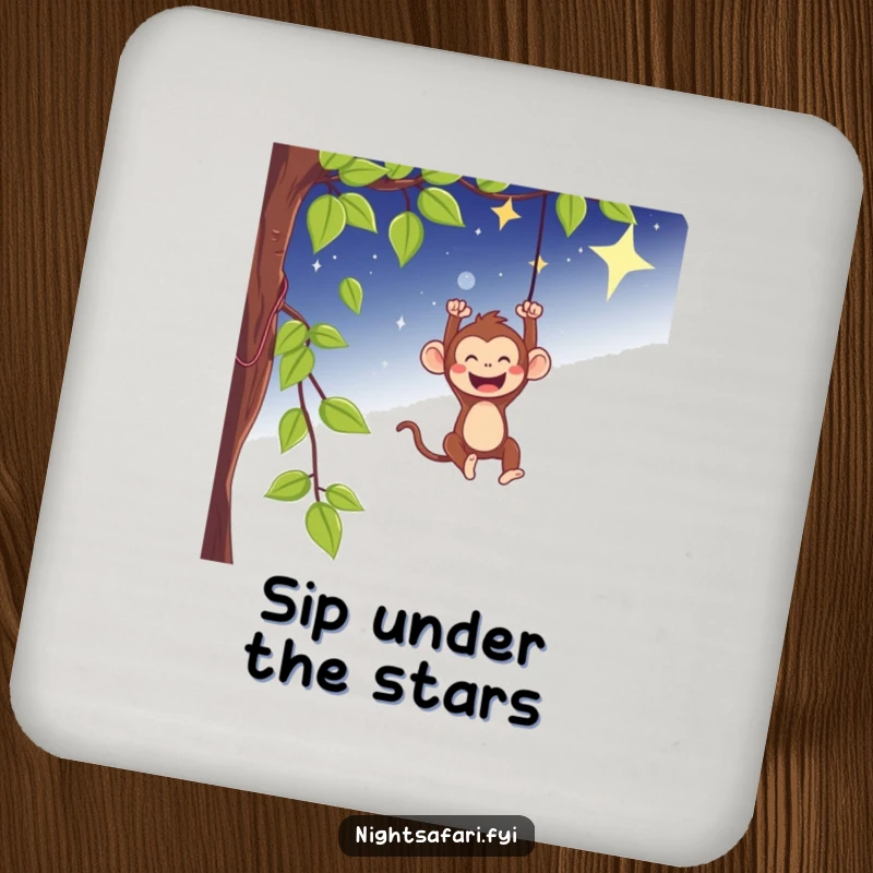 Funny drink coaster with a playful monkey swinging from a vine under a starry sky, protecting tables.