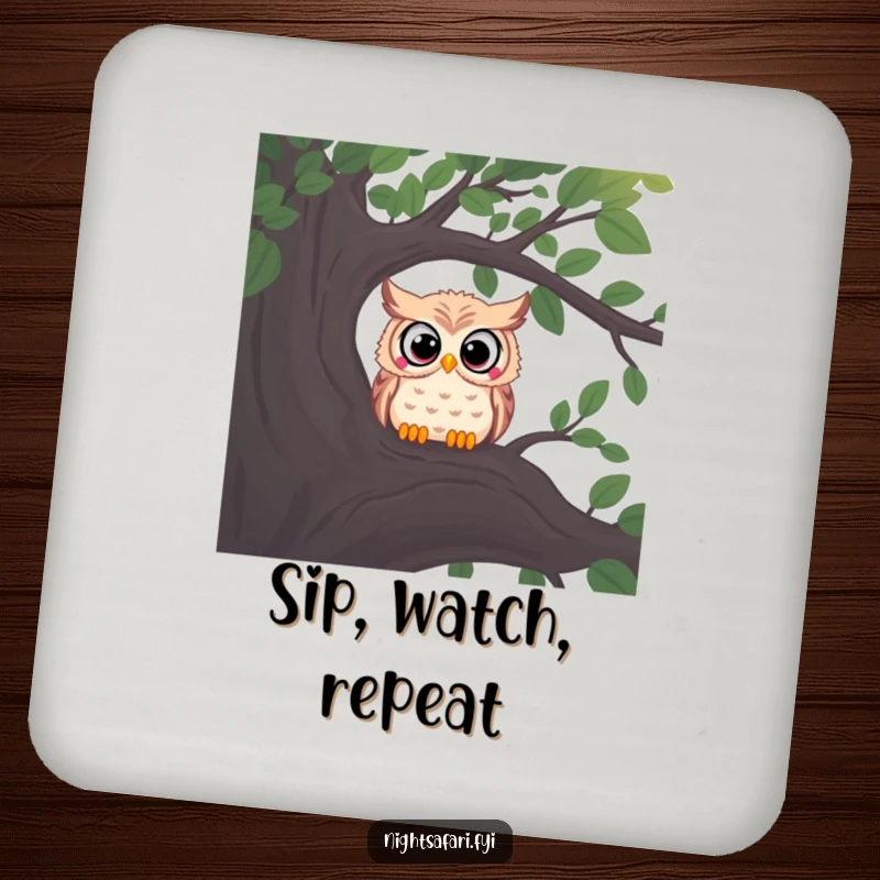 Funny drink coaster with a curious owl, wide eyes peering from a shadowy tree branch, protecting tables.