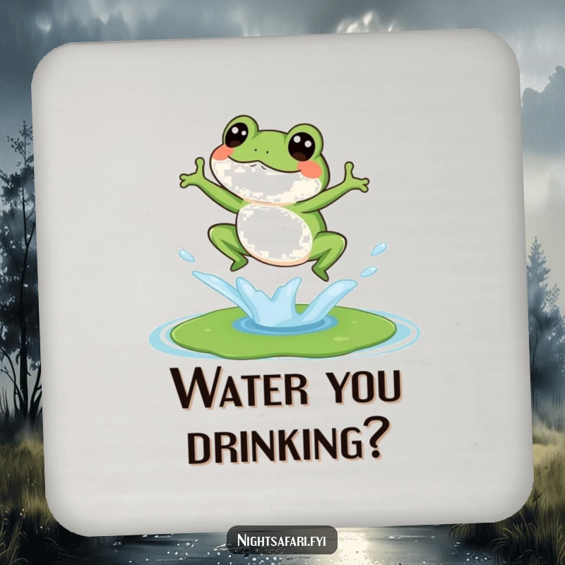 Funny drink coaster showcasing a giggling frog jumping onto a lily pad, adding amusement to beverage service.