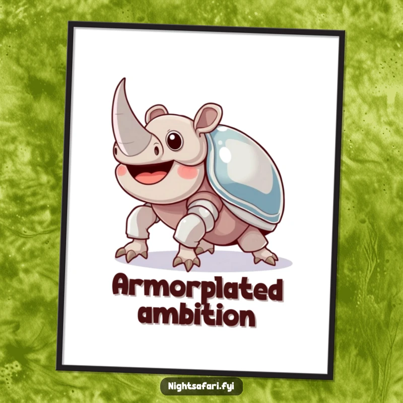 Funny Rhinoceros Beetle Poster: A joyful beetle with shiny armor crawling upwards, symbolizing strength and humor on walls.