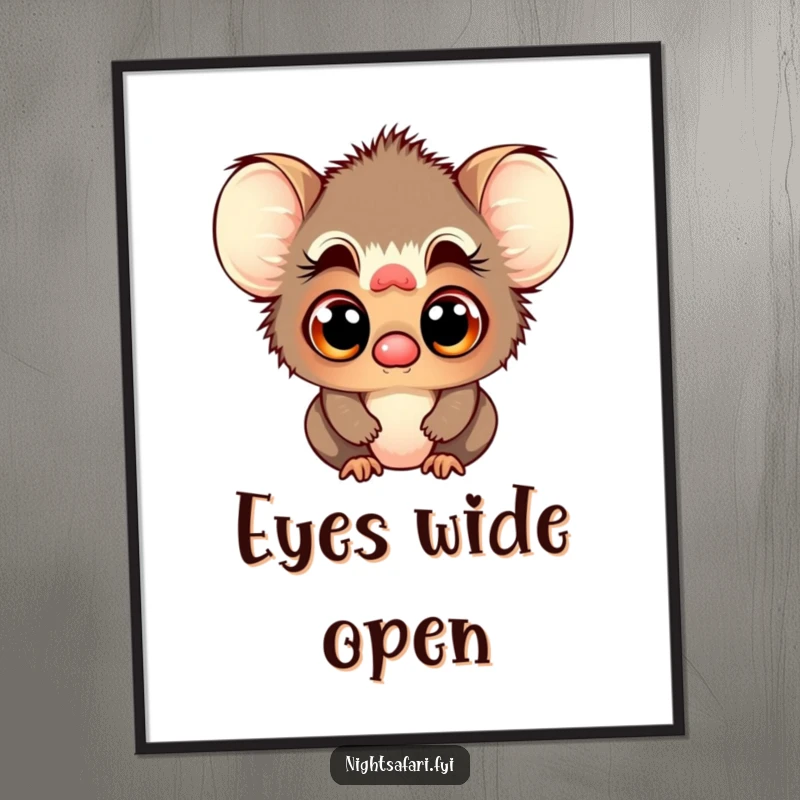 Funny poster art of a playful tarsier character with large, curious eyes, inviting viewers to explore.