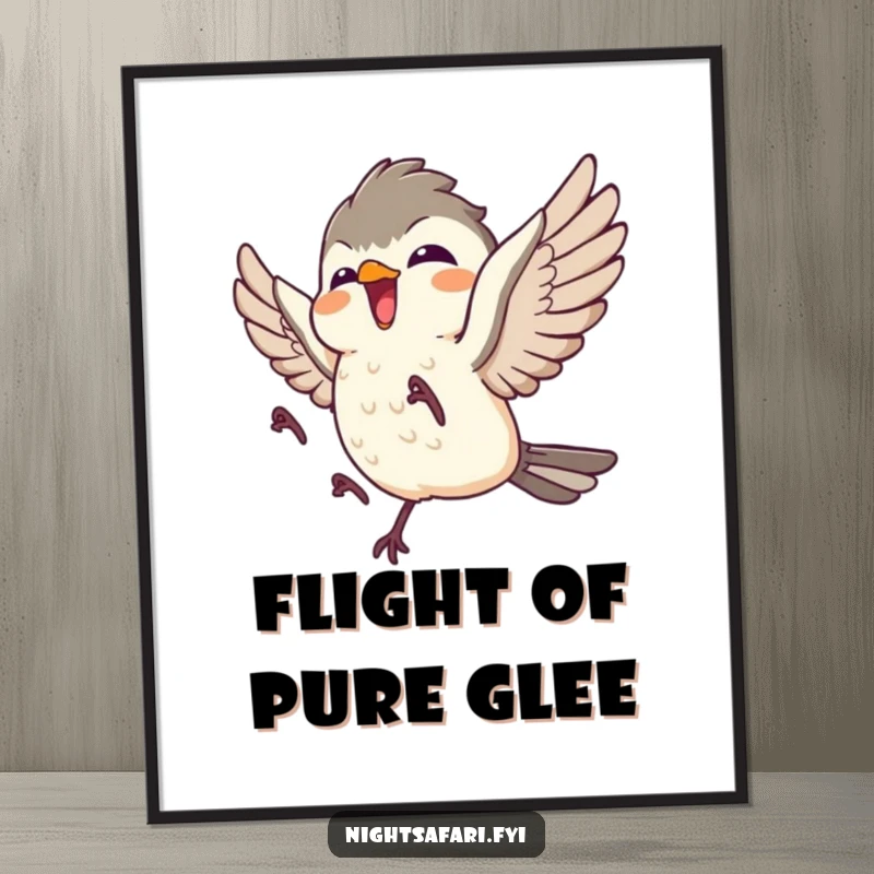 Funny poster artwork of a giggling nightjar character taking joyful flight, brimming with delight and avian charm.