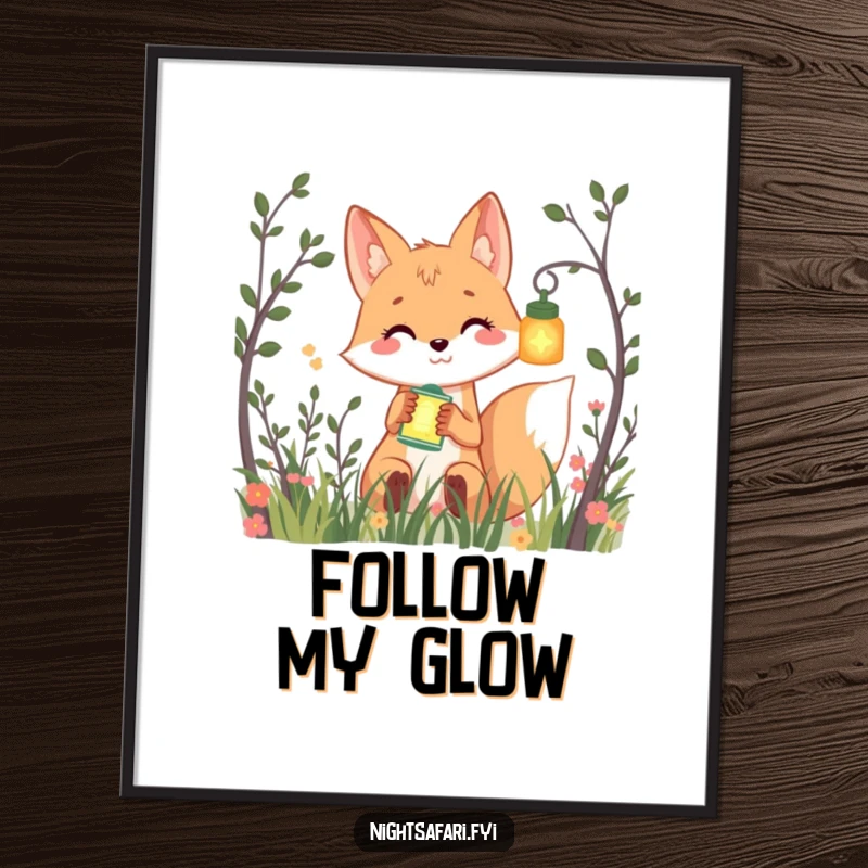 Funny poster art of a smiling fox playfully peeking from bushes, holding a glowing lantern, perfect for enchanting decor.