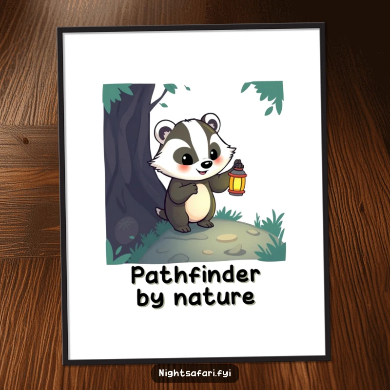 Funny badger art with a lantern exploring a dark path, creating a mood of adventure and gentle humor.