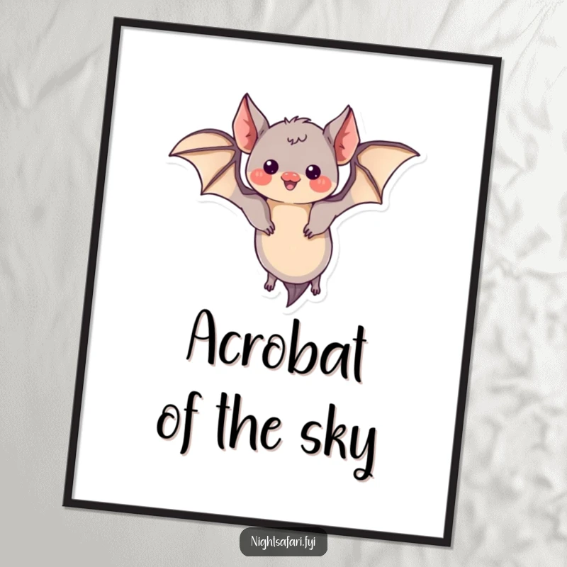 Funny poster of a curious bat with small wings, captured mid-loop in a playful aerial maneuver.