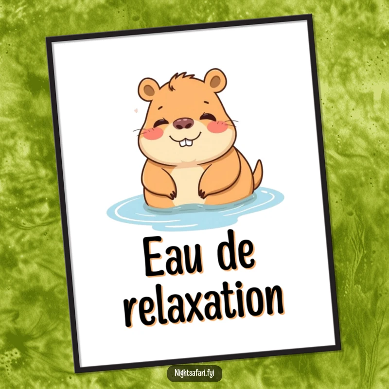 Funny poster art of a cheerful capybara character relaxing serenely by the water, promoting peace and calm.