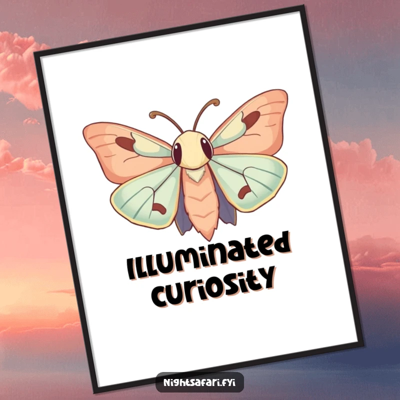 Funny Poster: A moth with large, curious antennae humorously captivated by a gentle, glowing light, creating artistic charm.
