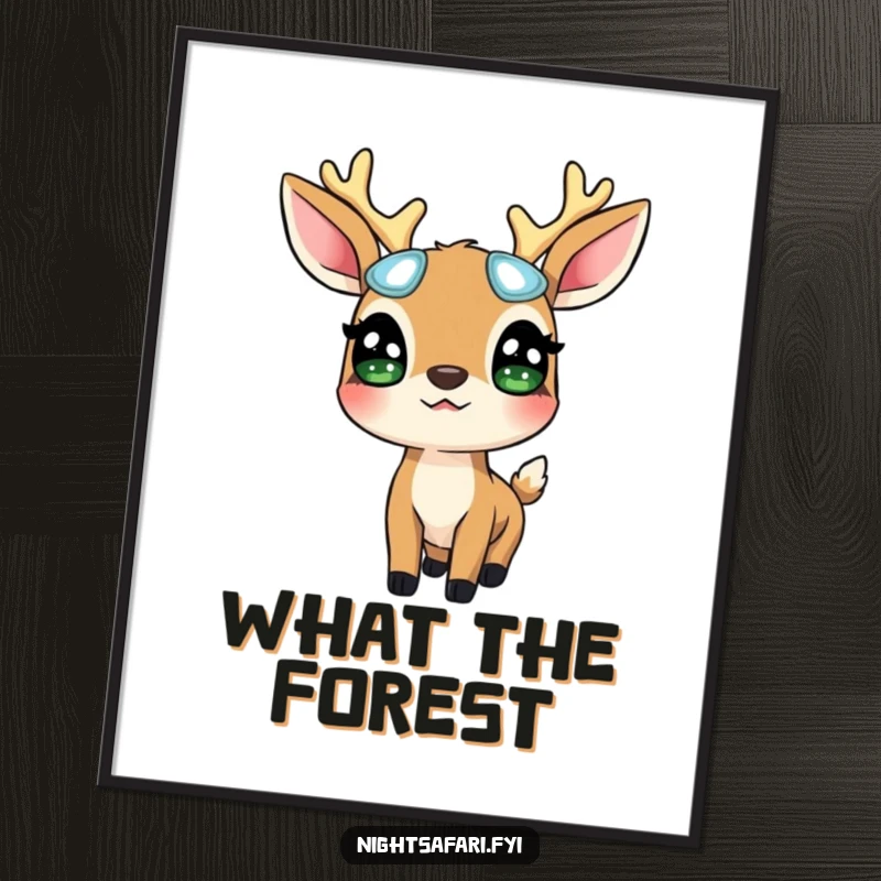 Funny Deer Glowing Eyes Poster: A surprised deer wearing glowing eyes looks up, bringing magical woodland charm to walls, a delightful funny gift.