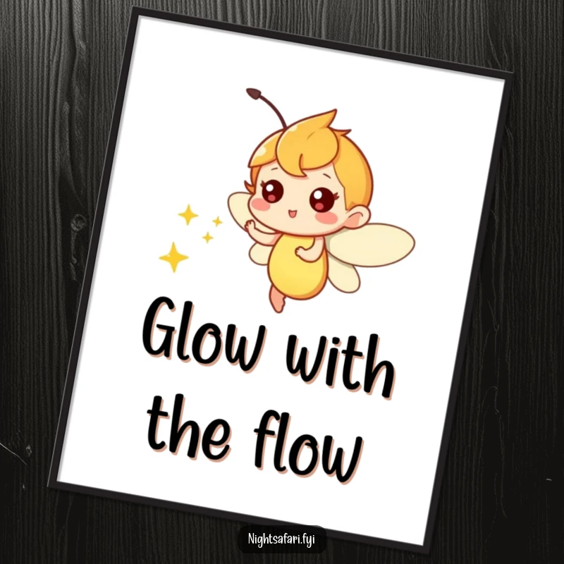 Funny poster featuring a playful firefly character zipping around, emitting a soft, enchanting light, a whimsical artwork.