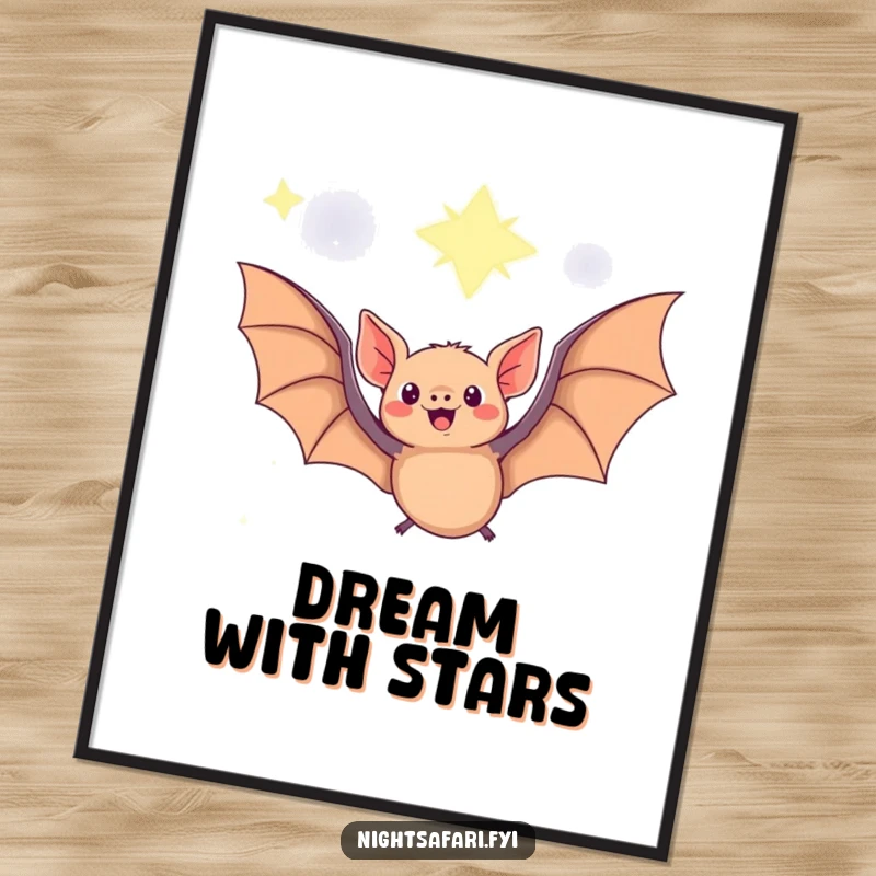Funny Fruit Bat Poster print of a delighted fruit bat joyfully flying beneath a captivating starry sky, perfect for magical decor.