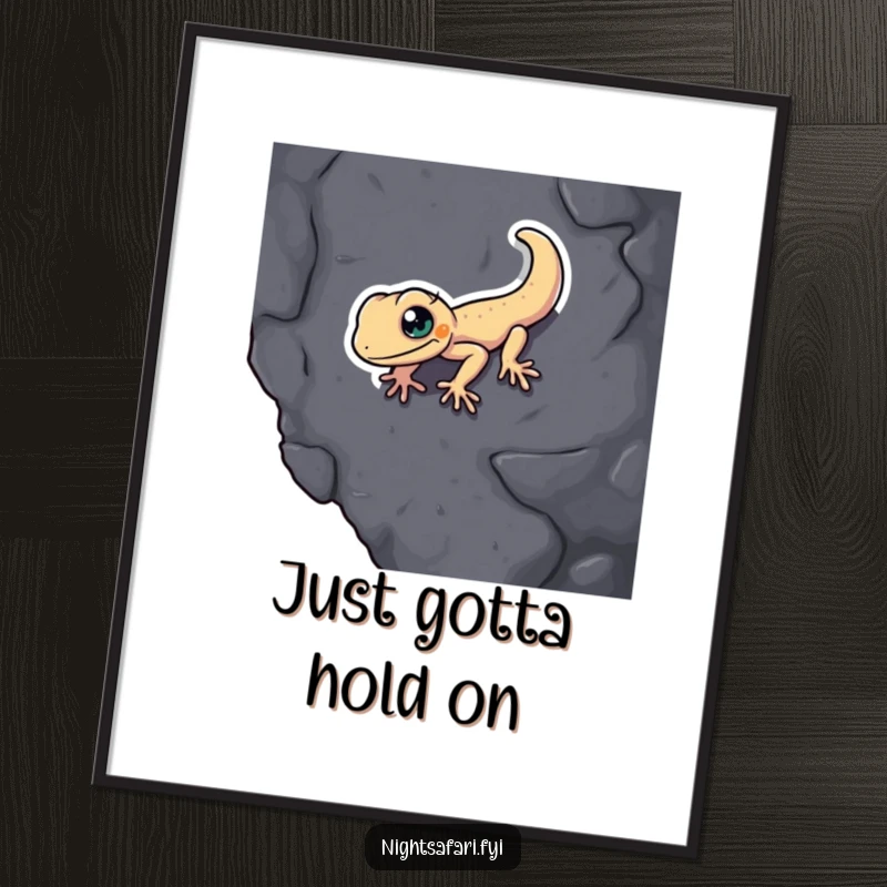 Funny Gecko Poster: A determined gecko humorously climbs a dark, textured surface, adding quirky art.