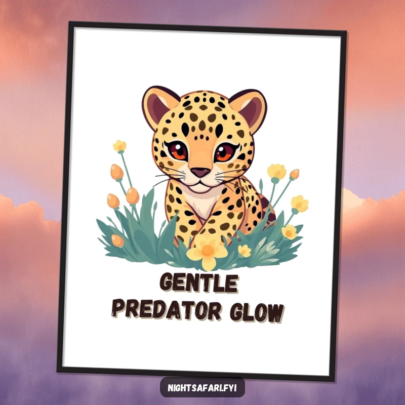 Funny Poster: A leopard with soft eyes playfully stalking through an enchanted, glowing floral environment, humorously artistic.