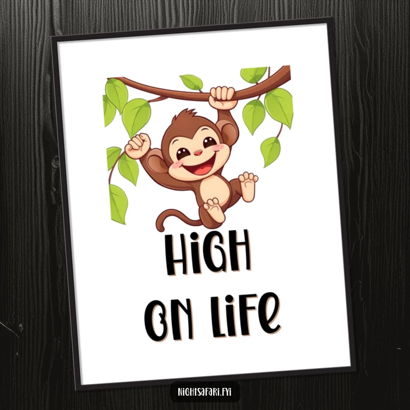 Funny Monkey Poster: Delighted monkey swinging from a vine with a wide smile, jungle-themed wall art.
