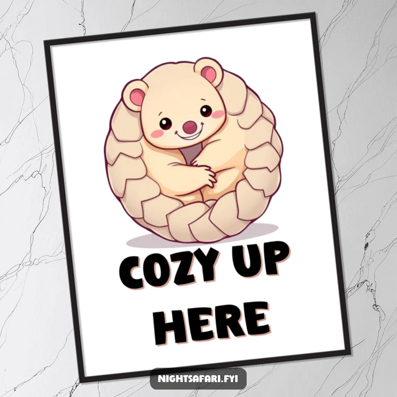 Funny Pangolin Poster print of a smiling pangolin comfortably curled into a playful ball, adding a touch of humor to decor.