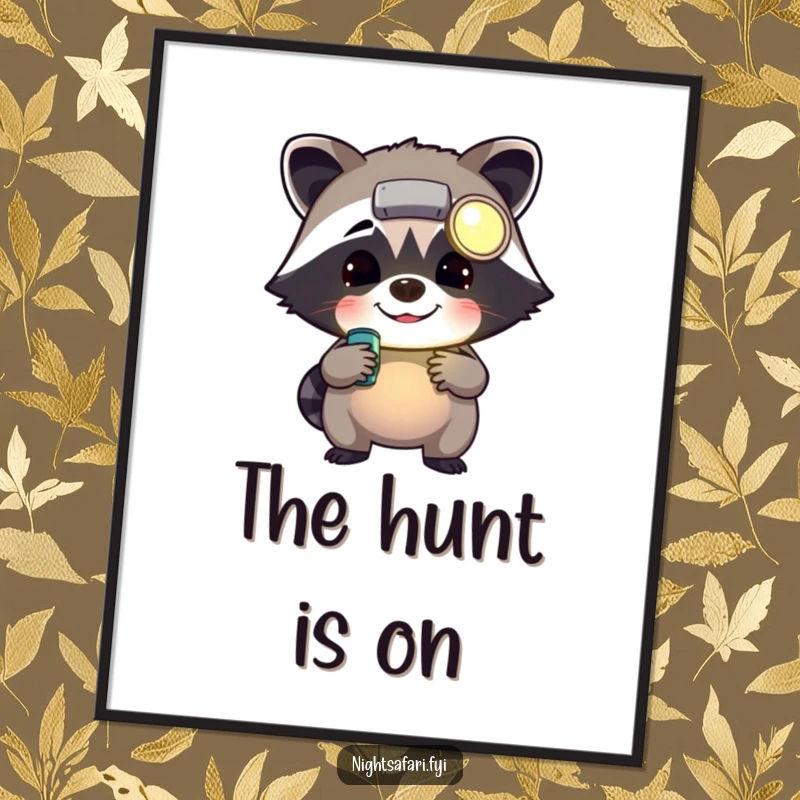 Funny cheerful raccoon wearing a headlamp rummaging, depicted in a humorous poster for charming wall decoration.