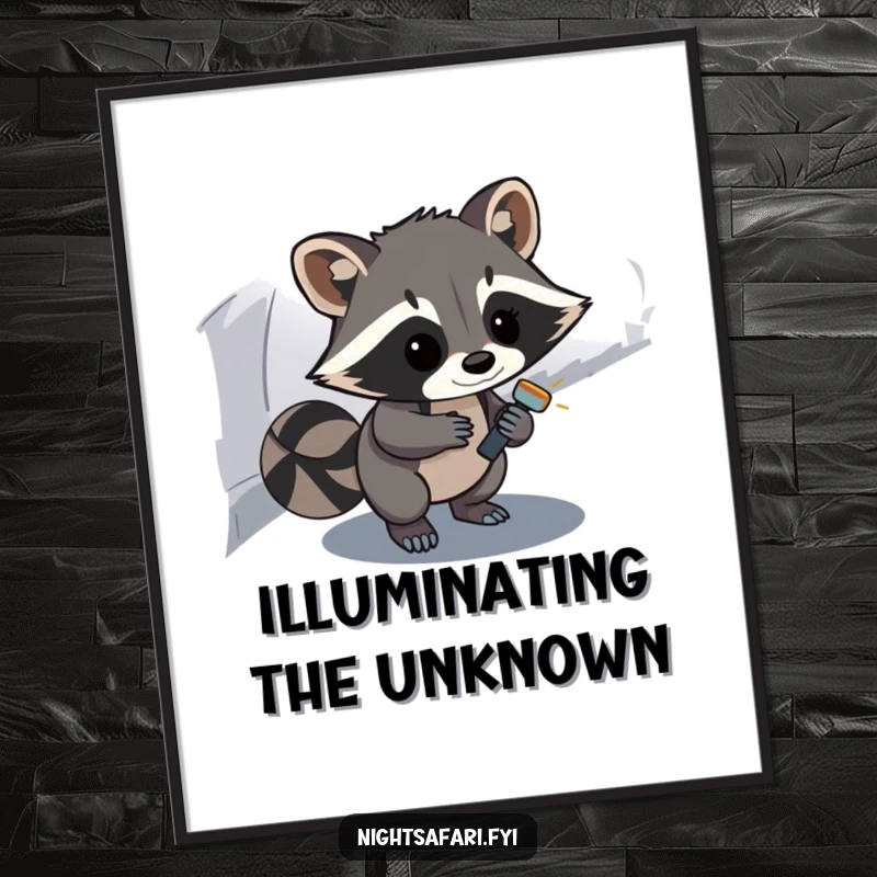 Funny Raccoon Poster: A curious raccoon uses a flashlight to explore a dimly lit path, evoking humor and mystery.