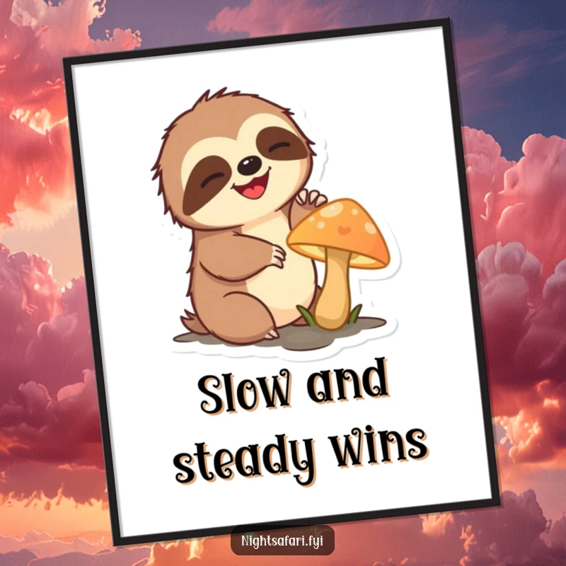 Funny sloth poster illustrating a delighted sloth character slowly reaching for a beautiful, glowing mushroom.