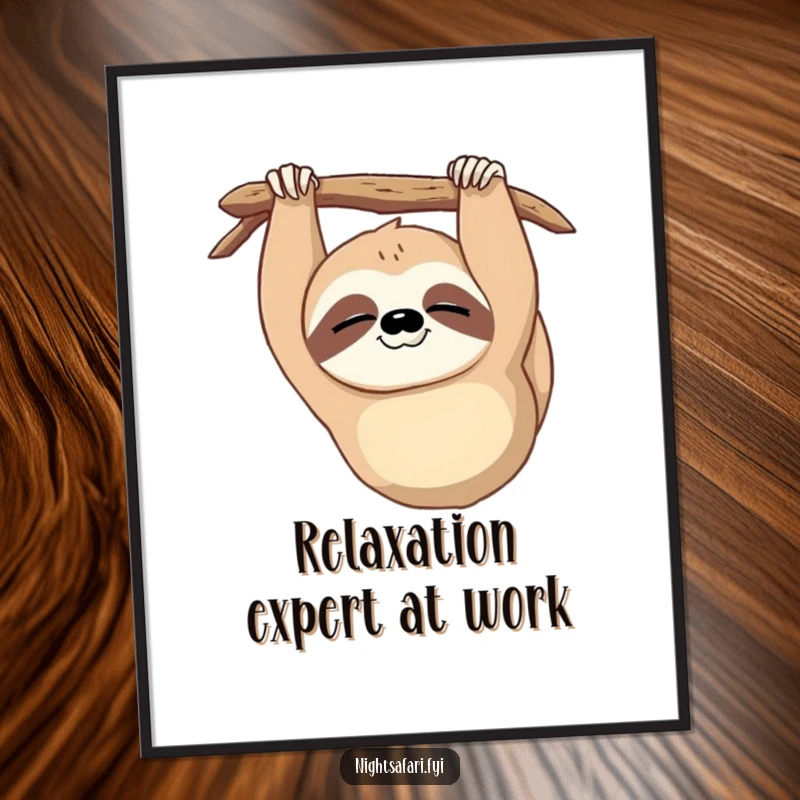 Funny Sloth Wink Poster: An illustration of a sleepy sloth hanging upside down blinking, perfect for funny gift decor.
