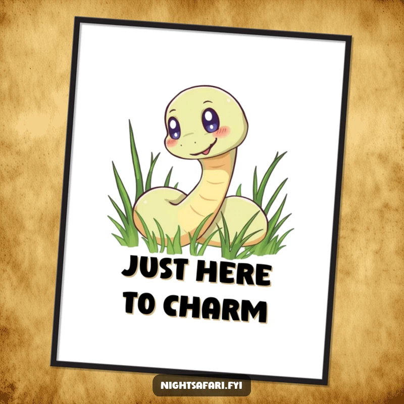 Funny poster of a smiling snake with strikingly glowing eyes, depicted in a grassy, natural setting.