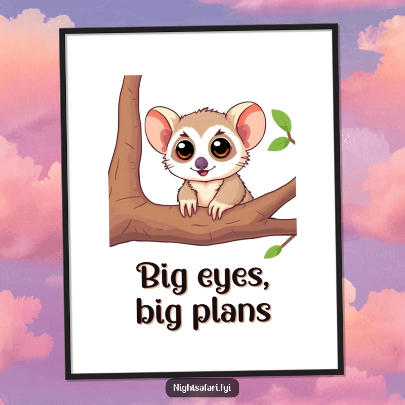Funny Tarsier Large Eyes Poster featuring a playful tarsier peeking with big eyes from a branch, whimsical wall art.