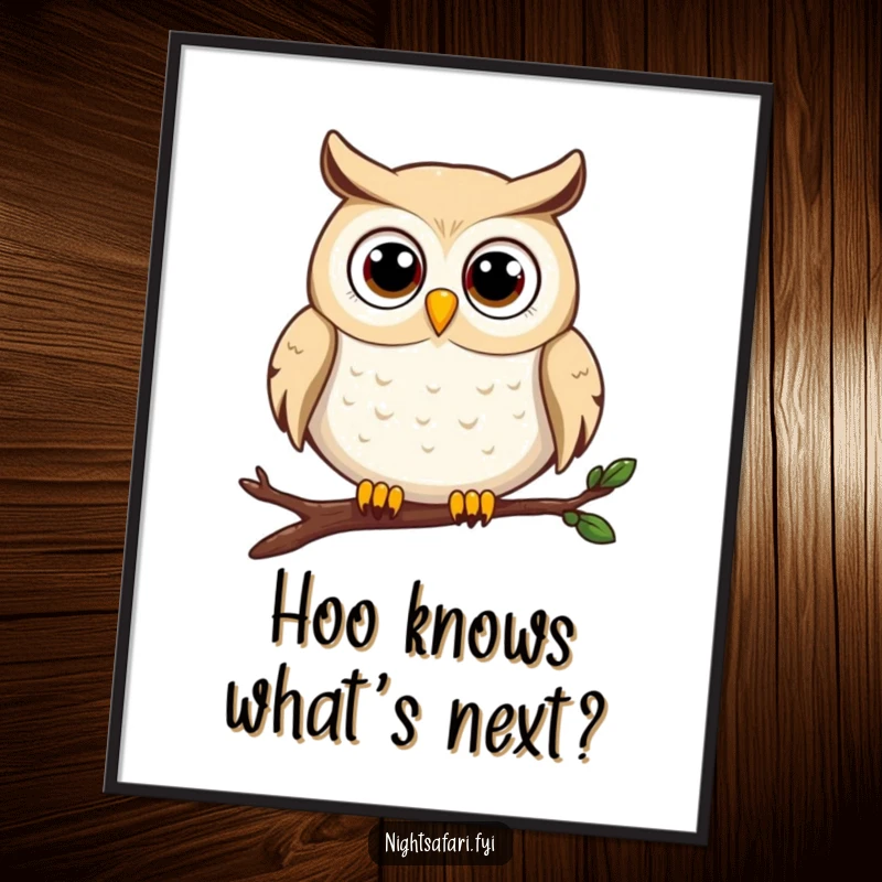 Funny owl poster depicting a happy, wide-eyed owl character perched on a branch, exuding cheerful curiosity.