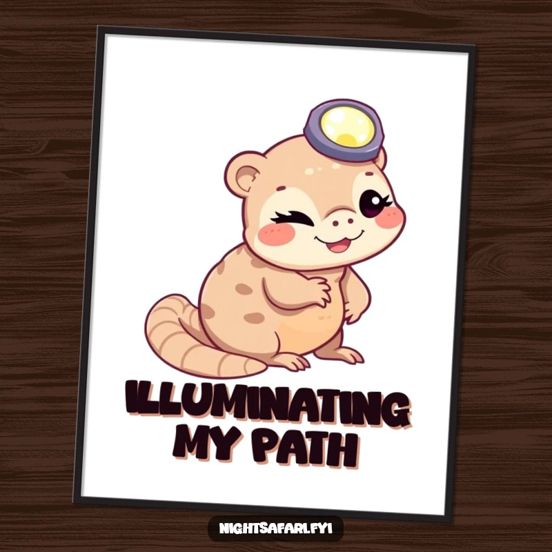 Funny winking pangolin wearing a headlamp slithering, displayed in a humorous poster for unique wall decor.