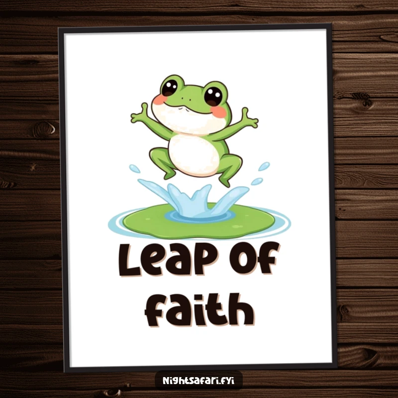 Funny poster print of a giggling frog leaping onto a lily pad with a grand splash, capturing playful energy.