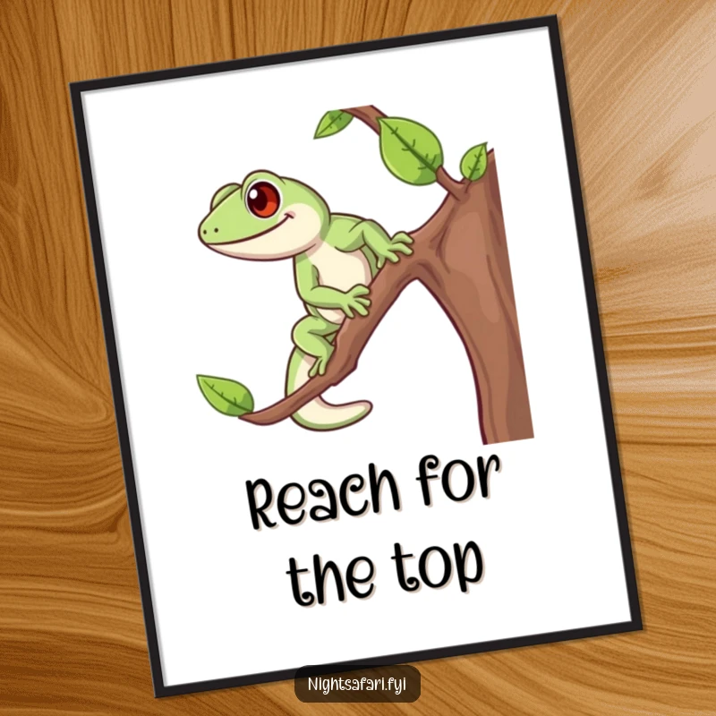 Funny Gecko Poster print of an upbeat gecko with determined steps, energetically ascending a branch, adding joy to decor.