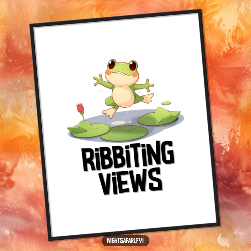 Funny poster depicting a playful frog character joyfully leaping across lily pads in a moody, dim-lit environment.