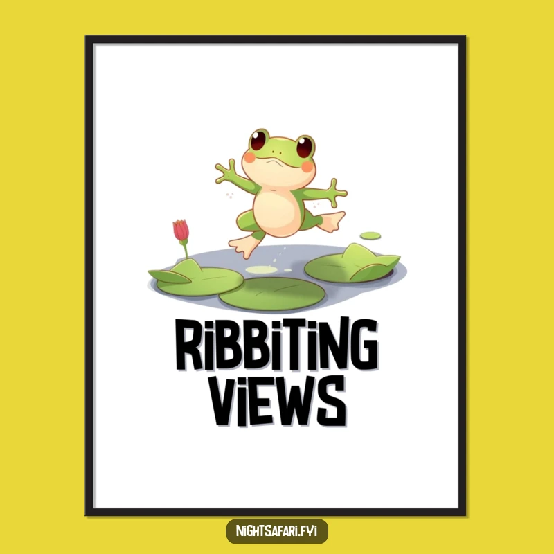 Funny Playful Frog Poster, Lily Pad Leaping Wall Art