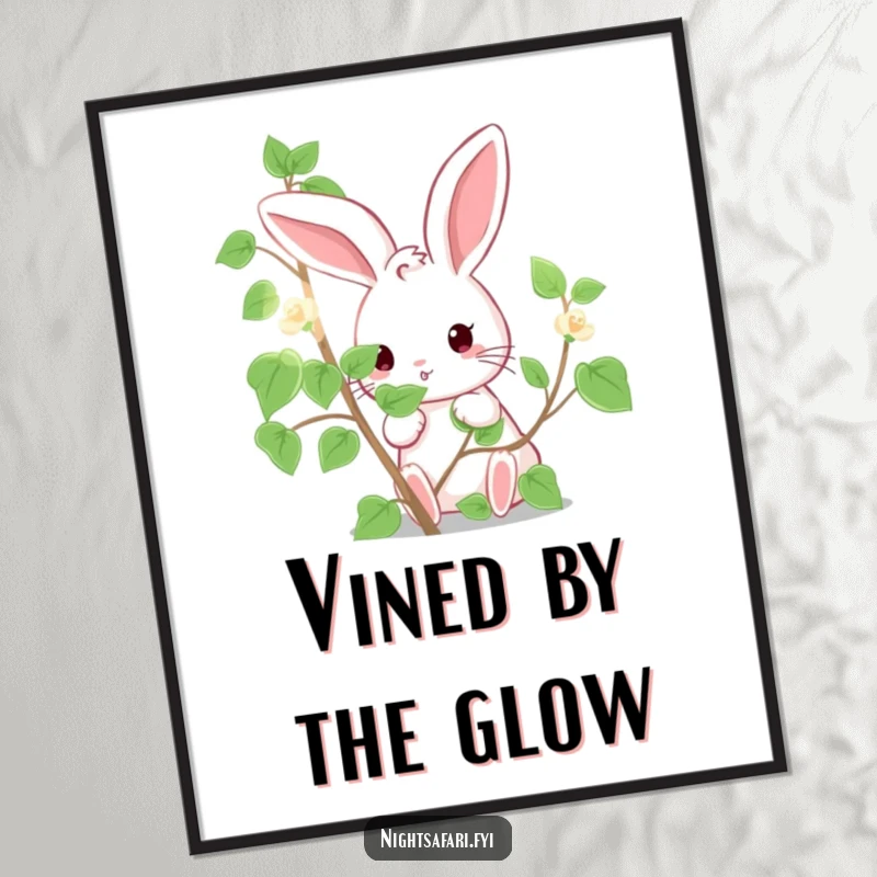 Funny Poster: A cute bunny character humorously peeking from behind a radiant, luminous vine, creating whimsical art.