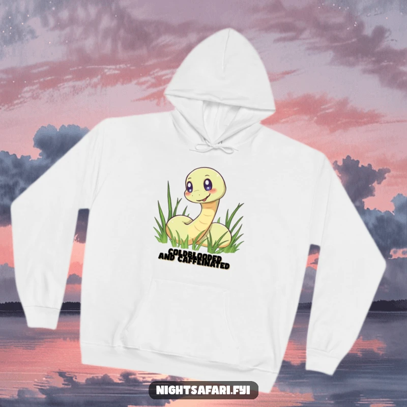 Funny hoodie featuring a smiling snake with mesmerizing glowing eyes, slithering sneakily through grassy terrain.