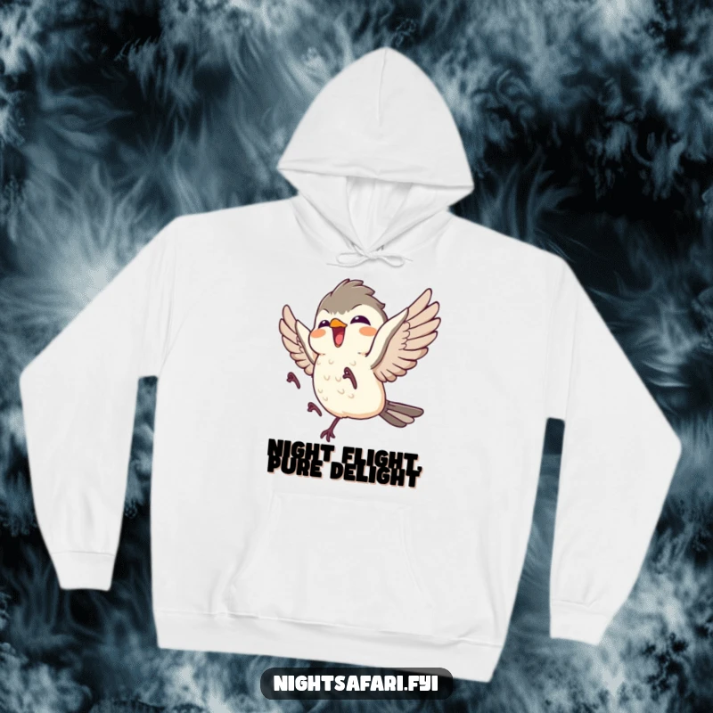 Funny hoodie with a giggling nightjar character expressing joyous flight, offering cozy humor for all.