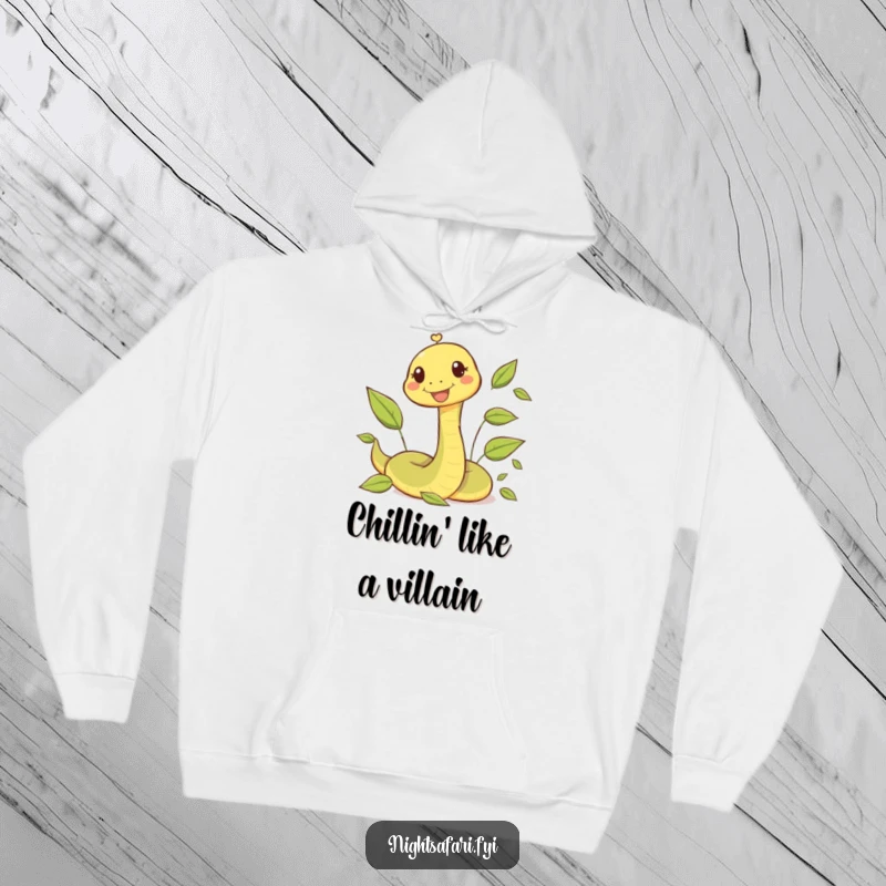 Funny hoodie featuring a happy snake character playfully meandering through a bed of fallen leaves.