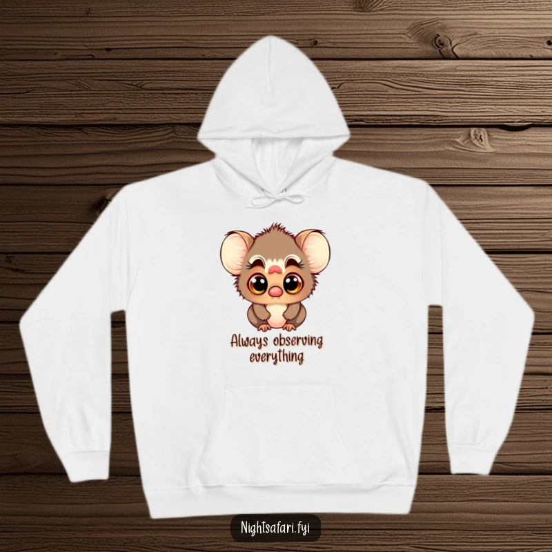 Funny hoodie featuring a playful tarsier character with large, curious eyes, offering cozy exploration vibes.