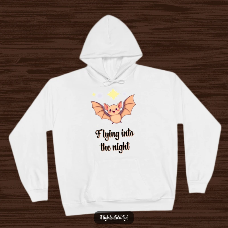 Funny Fruit Bat Hoodie featuring a delighted fruit bat in flight beneath a dreamy starry sky, combining comfort and fantasy.