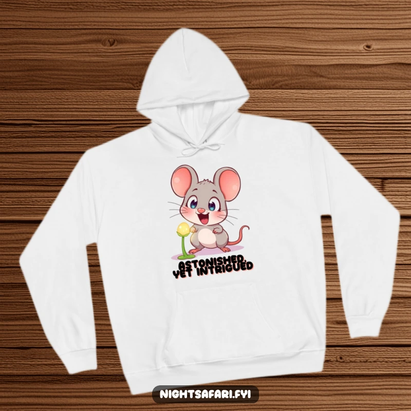 Funny Hoodie: A cute mouse displaying extreme astonishment upon discovering a radiant, glowing plant, full of humor.