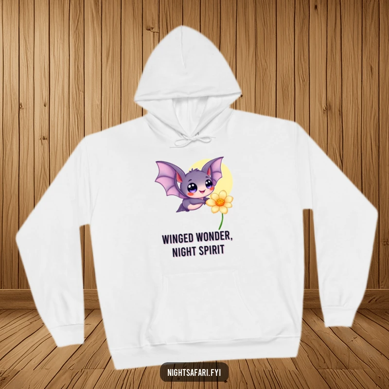 Funny hoodie showcasing a sweet bat with big, beaming eyes, hovering enchantingly near a softly glowing flower, inspiring wonder.