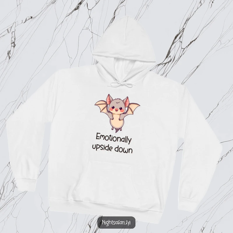 Funny hoodie showcasing a curious bat with tiny wings, mid-flight doing a fun and playful loop.