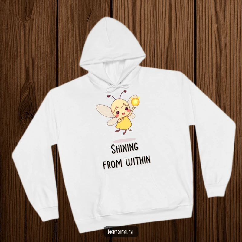 Funny Firefly Hoodie: Playful firefly character dancing with a glowing orb, cozy and magical apparel.
