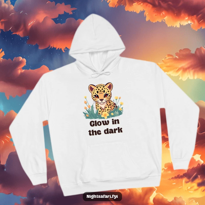 Funny Hoodie: A leopard with kind eyes playfully stalking through a magical, glowing floral landscape.