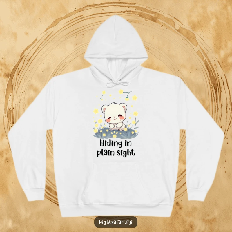 Funny hoodie with a giggling shy creature hiding amongst glowing fireflies, perfect for cozy, whimsical, and humorous wear.