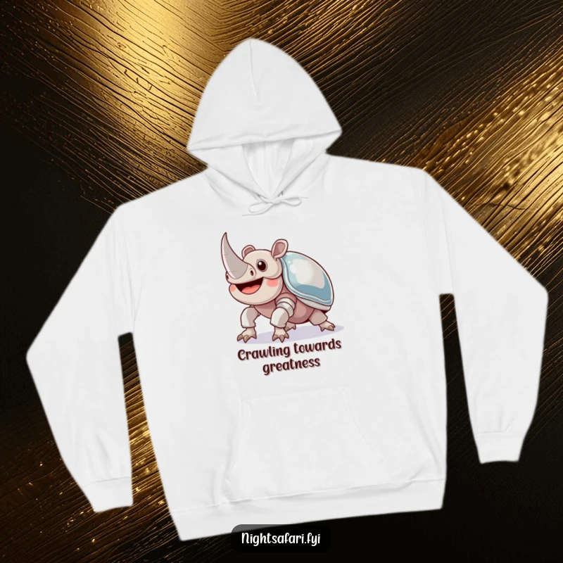 Funny Rhinoceros Beetle Hoodie: A joyful beetle with shiny armor crawling upwards, cozy and humorous apparel.