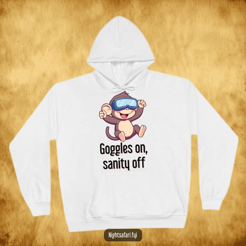 Funny Monkey Hoodie with a playful monkey wearing night vision goggles, swinging with abandon, perfect for cozy nights or adventurous days.