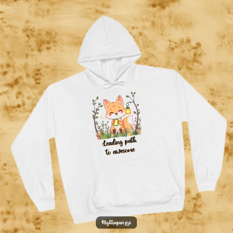 Funny hoodie with a smiling fox peeking from bushes, holding a glowing lantern, perfect for cozy, playful, and humorous wear.